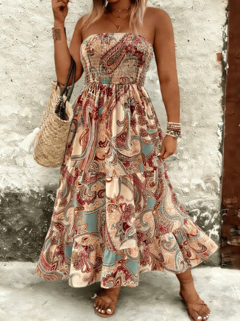 Apricot Boho Women's Plus Size Strapless Maxi Floral Dress - Picture 6 of 6